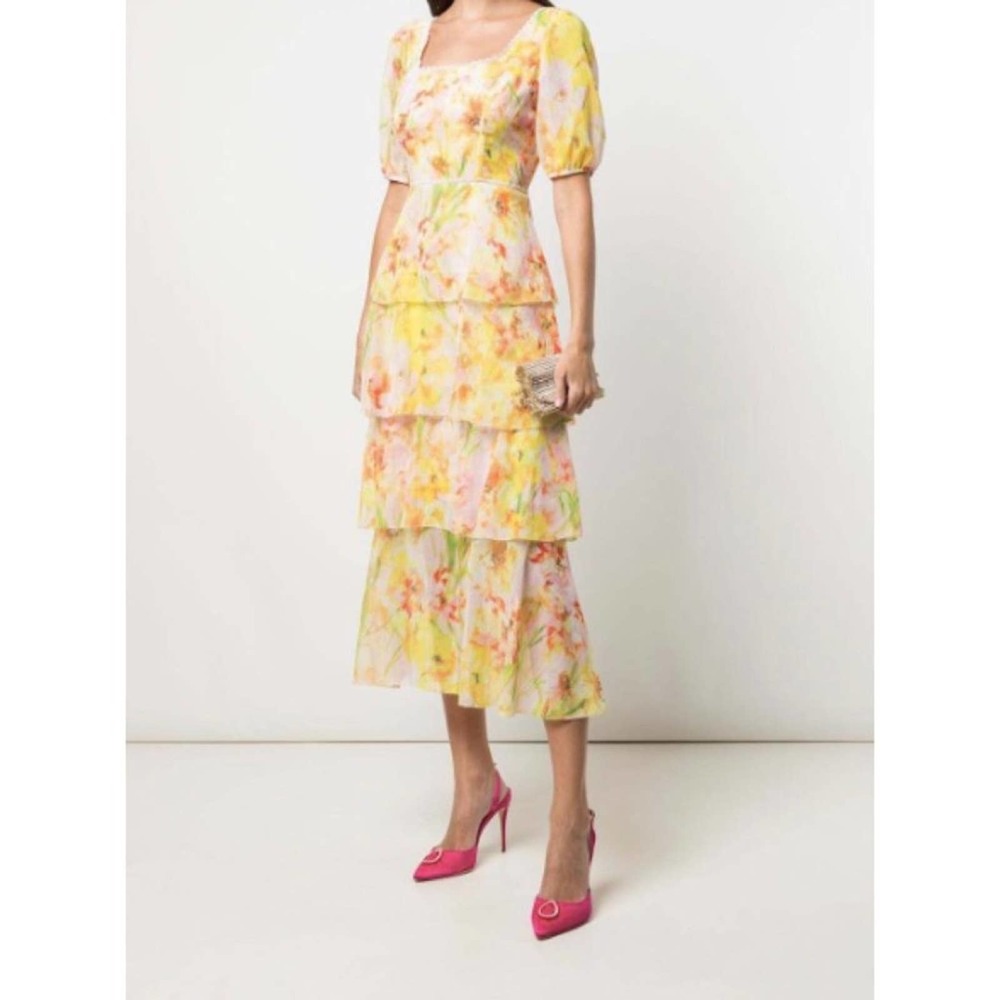 NWT Marchesa Notte Daffodil Tiered Midi Dress Size 12